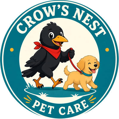 Crow's Nest Pet Care logo: a cartoon crow in a red bandana walking a golden puppy